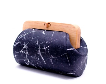 Black Marble Bag, Minimalist Clutch, Wooden Frame Purse, Evening Clutch, Black Canvas Handbag, Geometric Purse, Cosmetic Bag, Modern Bag