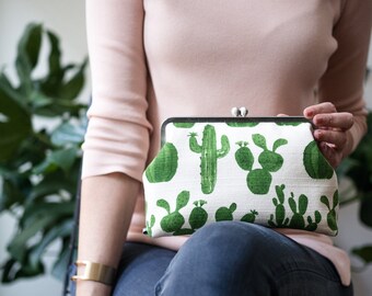 Womens Clutch Bag with Shoulder Strap, Cactus Clutch Bag, Kisslock Frame Clasp Purse, Succulent Toiletry Bag, Plant Lady Gift for her