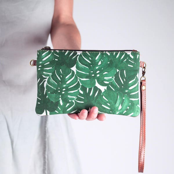 Monstera Leaf Clutch Wristlet Wallet, Botanical Print Purse, Convertible Clutch Purse with Shoulder Strap, Mini Crossbody Bag