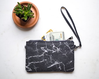 Womens Wallet Purse, Minimalist Clutch Wristlet Wallet, Black Marble Purse, Zippered Credit Card Holder