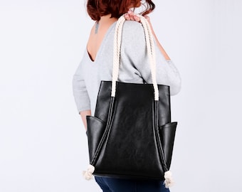 Borsa in pelle nera, borsa a tracolla in pelle vegana, borsa hobo, borsa minimalista, borsa geometrica, borsa di tutti i giorni, regalo per lei, borsa in bianco e nero