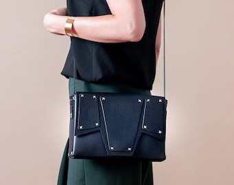 Black Leather Crossbody Bag, Geometric Shoulder Bag, Womens Minimalist Bag, Genuine Leather Satchel Bag, Structured Bag, Box Bag