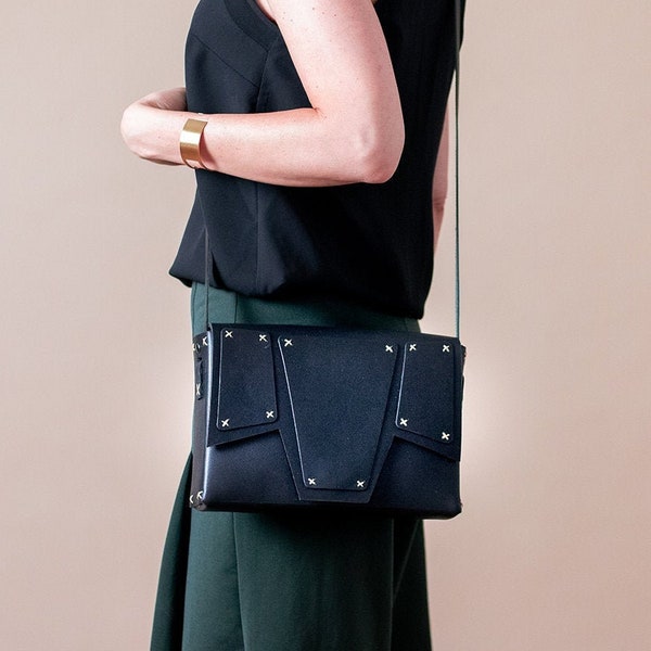 Black Leather Crossbody Bag, Geometric Shoulder Bag, Womens Minimalist Bag, Genuine Leather Satchel Bag, Structured Bag, Box Bag
