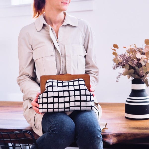 Large Clutch Bag, Wooden Frame Purse, Oversized Clutch, Spacious Toiletry Bag, Plaid Bag, Checkered Purse