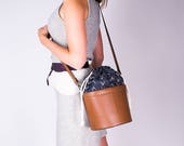 Leather and Canvas Women Bucket Bag, Vegan Leather Crossbody Bag, Drawstring Bag, Everyday Bag, Brown Leather Bucket Purse, Gifts for her