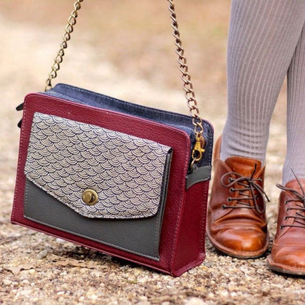 Leather Shoulder Bag in Burgundy, Vegan Leather Crossbody Bag, Womens Satchel Bag, Japanese Fabric Bag, Unique Gift for her