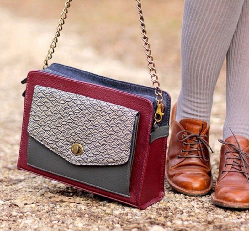 Leather Shoulder Bag in Burgundy, Vegan Leather Crossbody Bag, Womens Satchel Bag, Japanese Fabric Bag, Unique Gift for her image 1