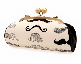 SALE, Mustache Clutch with Straps, Black and White Purse, Kiss lock frame Purse, Party Clutch, Alexander Henry, Gifts for her