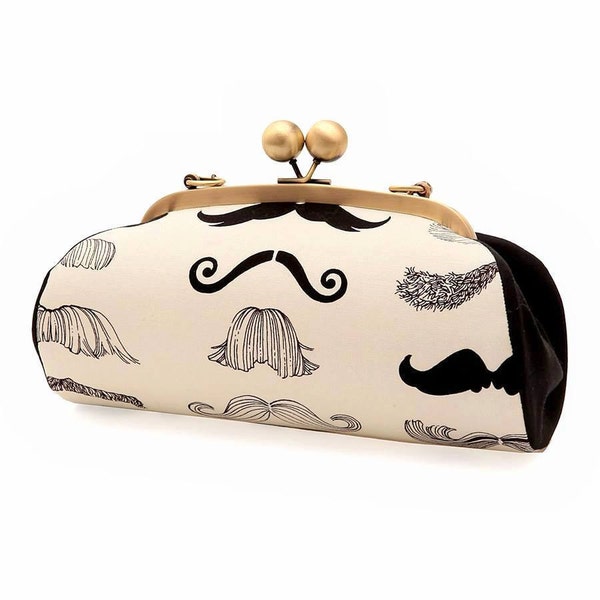 SALE, Mustache Clutch with Straps, Black and White Purse, Kiss lock frame Purse, Party Clutch, Alexander Henry, Gifts for her