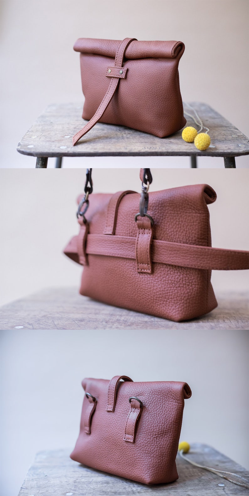 Light Beige Leather Belt Bag, Fanny Pack for Women, Fold over Bag, Leather roll on bag, Convertible Belt Bag, Minimalist Belt Bag image 9