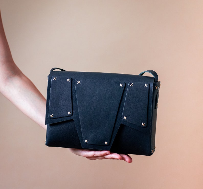 Black Leather Crossbody Bag, Geometric Shoulder Bag, Womens Minimalist Bag, Genuine Leather Satchel Bag, Structured Bag, Box Bag image 2