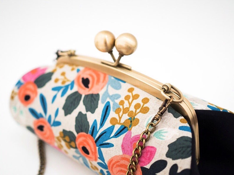 Colorful Floral Clutch Bag, Kiss lock Clasp Clutch with strap, Riffle Paper Co Le Fleurs, Bridesmaid Gift, Christmas Gifts for her image 5