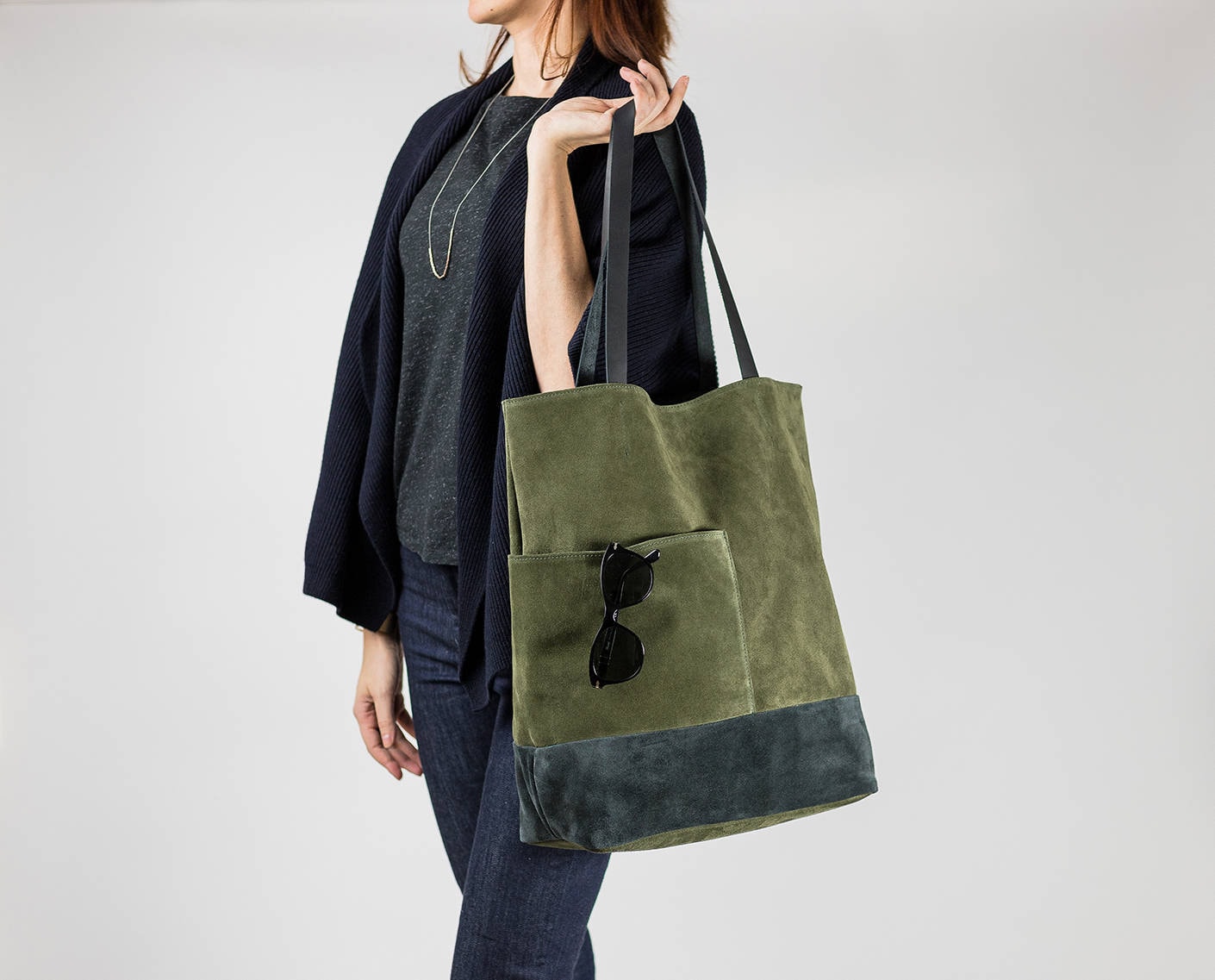 Khaki Suede Leather Tote Bag with Pockets, Minimalist Everyday Shoulder