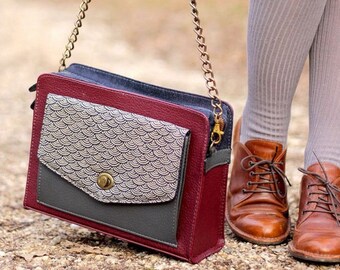 Burgundy Shoulder Bag, Vegan Leather Bag, Womens Satchel, Crossbody Bag, Leather and Canvas Bag, Japanese Wave Fabric, Unique Women's gifts