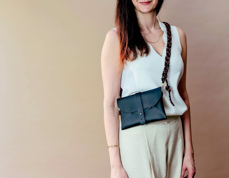 Leather Envelope Clutch Bag with Removable Braided Rope Strap, Convertible Belt Bag, Minimalist Clutch Wallet, Slim Crossbody Bag image 1