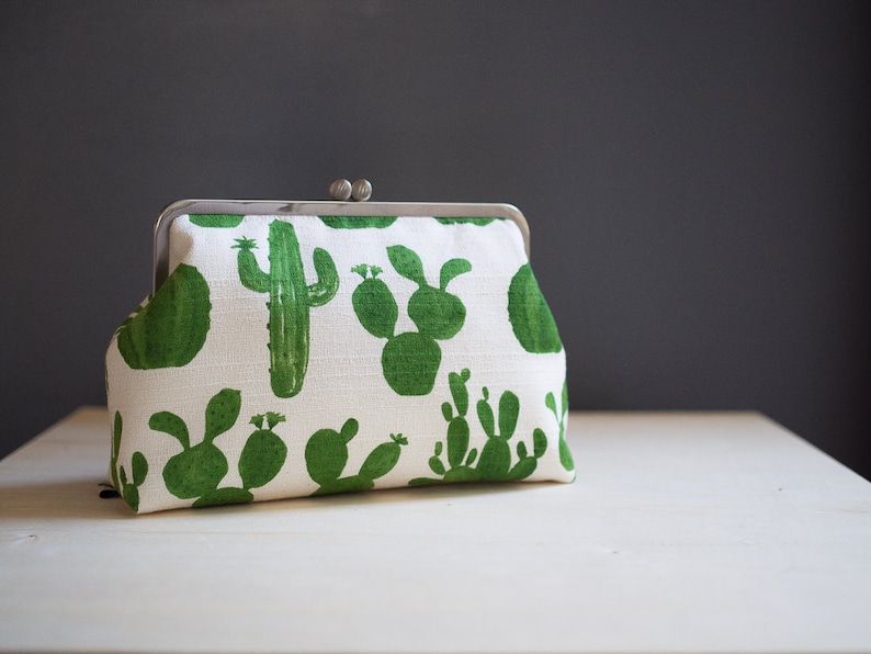 Womens Clutch Bag with Shoulder Strap, Cactus Clutch Bag, Kisslock Frame Clasp Purse, Succulent Toiletry Bag, Plant Lady Gift for her image 2