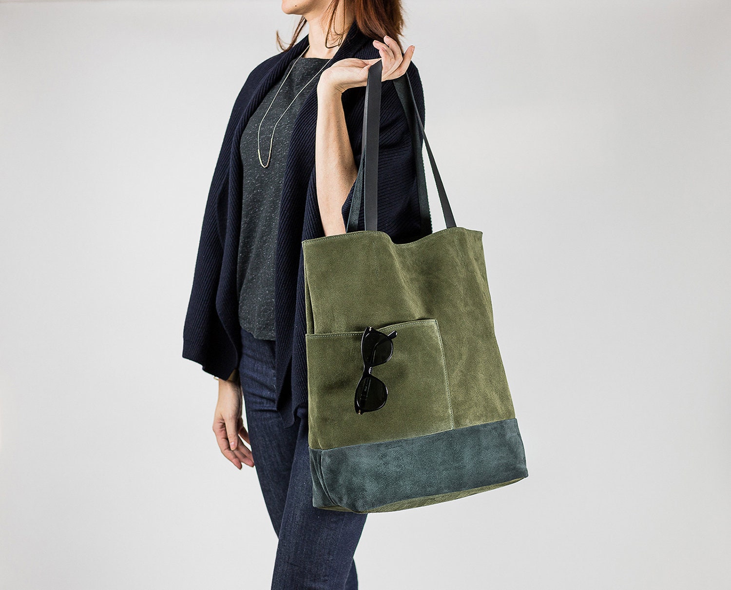 Khaki Suede Leather Tote Bag with Pockets, Minimalist Everyday Shoulder Bag, Soft Leather Tote ...