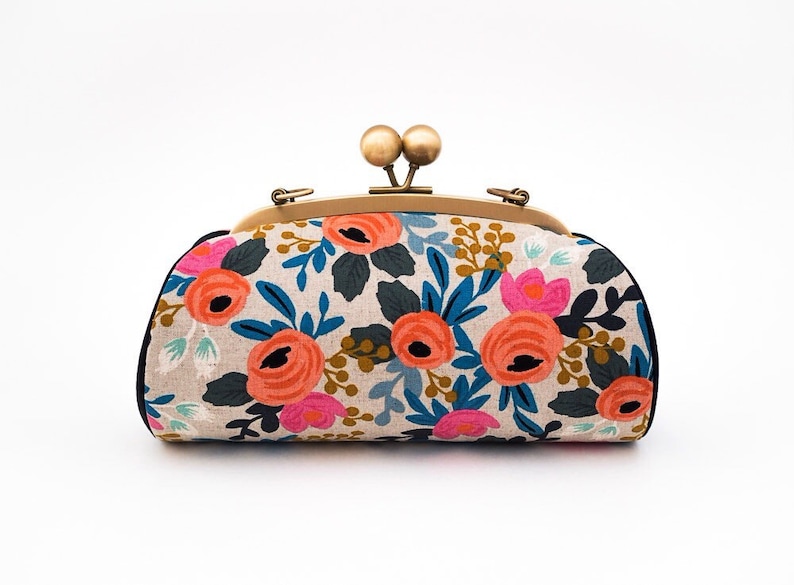 Colorful Floral Clutch Bag, Kiss lock Clasp Clutch with strap, Riffle Paper Co Le Fleurs, Bridesmaid Gift, Christmas Gifts for her image 1