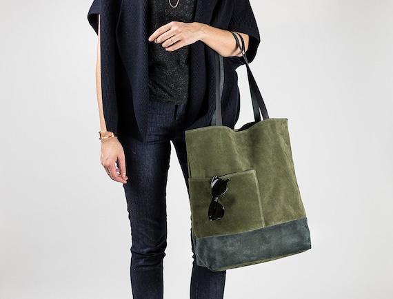 green suede tote