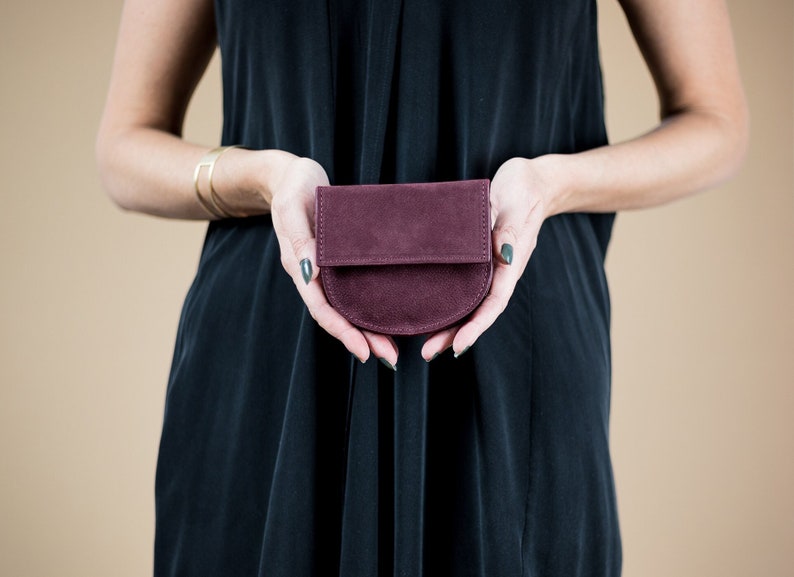 Mini Geometric Leather Wallet for Women, Halfmoon Leather Cardholder, Small Minimalistic Nubuck Leather Wallet, Leather Money Purse Burgundy