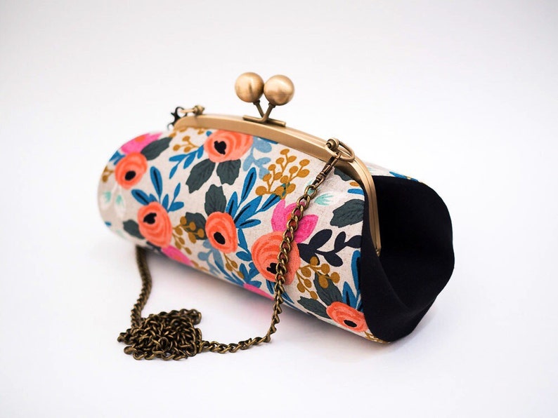 Colorful Floral Clutch Bag, Kiss lock Clasp Clutch with strap, Riffle Paper Co Le Fleurs, Bridesmaid Gift, Christmas Gifts for her image 8