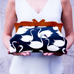 Wooden Frame Clutch Purse, Mother's Day Gift, Swans Purse, Womens Evening Bag, Oversized Clutch Bag, Canvas Cosmetic Bag, Summer Clutch