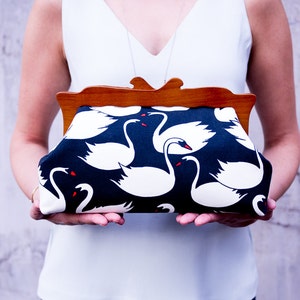 Wooden Frame Clutch Purse, Mother&#39;s Day Gift, Swans Purse, Womens Evening Bag, Oversized Clutch Bag, Canvas Cosmetic Bag, Summer Clutch