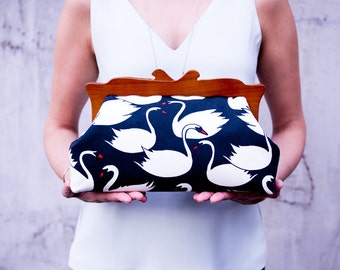 Wooden Frame Clutch Purse, Mother's Day Gift, Swans Purse, Womens Evening Bag, Oversized Clutch Bag, Canvas Cosmetic Bag, Summer Clutch