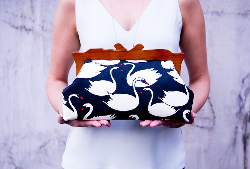 Wooden Frame Clutch Purse, Mother's Day Gift, Swans Purse, Womens Evening Bag, Oversized Clutch Bag, Canvas Cosmetic Bag, Summer Clutch image 1
