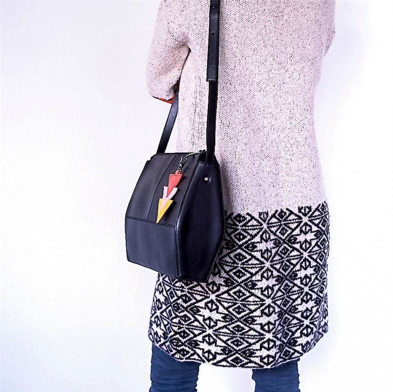 Black Shoulder Bag, Vegan Leather Bag with Keychain, Minimalist Crossbody Bag, Faux leather, Gifts for her, Geometric Bag, Structured Bag image 1