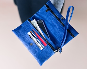 Portafoglio da donna in pelle con cinturino da polso, borsa pieghevole della frizione, portafoglio bifold, portafoglio busta minimalista con tasche con cerniera