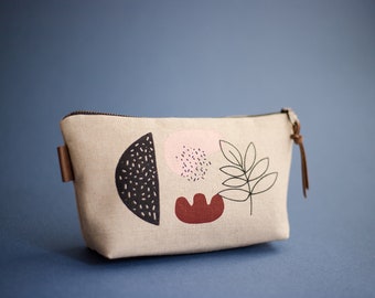 Bolso de impresión abstracta, bolso de maquillaje pequeño, bolso serigrafiado, bolsa con cremallera de lino, estuche de lápices lindo, bolso naranja quemado, regalos únicos para ella
