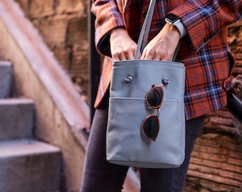 Gray Leather Bag, Small Crossbody Bag, Leather Shoulder Bag, Soft Leather Bag, Minimalist Purse, Lightweight Leather Bag