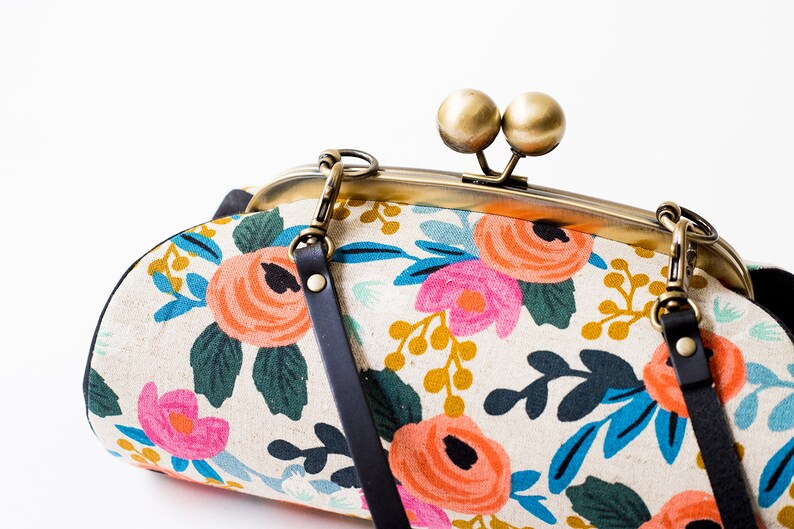 Colorful Floral Clutch Bag, Kiss lock Clasp Clutch with strap, Riffle Paper Co Le Fleurs, Bridesmaid Gift, Christmas Gifts for her image 6