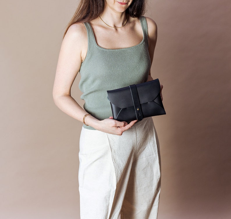 Leather Envelope Clutch Bag with Removable Braided Rope Strap, Convertible Belt Bag, Minimalist Clutch Wallet, Slim Crossbody Bag image 2