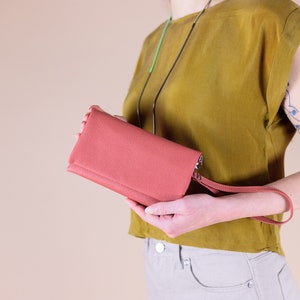 Womens Leather Wallet with Wristlet Strap, Fold over Clutch Purse, Bifold Wallet, Minimalist Envelope Wallet with Zipper Pockets Coral