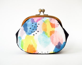 Colorful Minimalistic Large Coin Purse, Kiss Lock Clutch Purse, Change Purse, Watercolor Canvas Fabric, Metal Frame Purse, Organic Cloud9