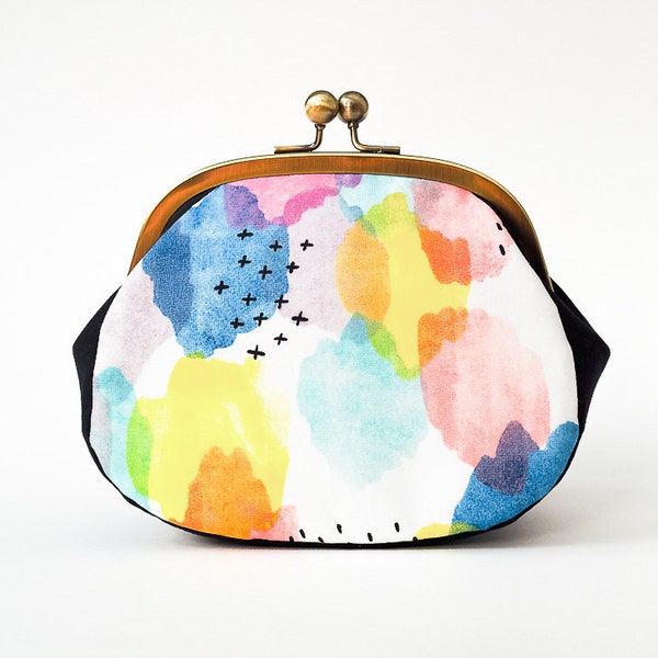 Colorful Minimalistic Large Coin Purse, Kiss Lock Clutch Purse, Change Purse, Watercolor Canvas Fabric, Metal Frame Purse, Organic Cloud9