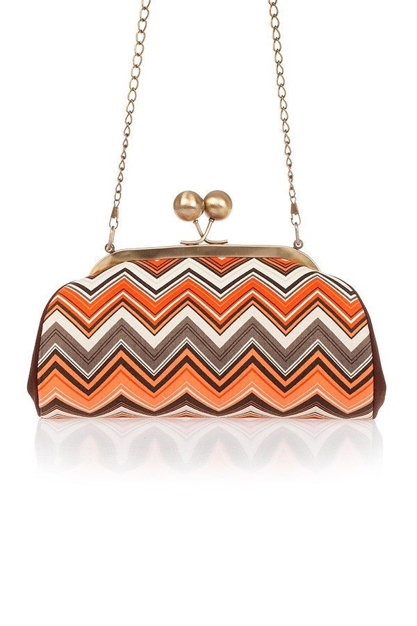 Orange Chevron Clutch Purse, Clutch with Strap, Kiss lock purse, Earth