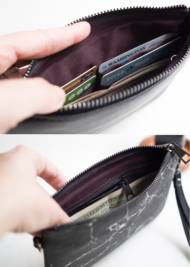 Cartera minimalista tipo sobre para mujer, monedero de mármol negro, tarjetero con cremallera imagen 3