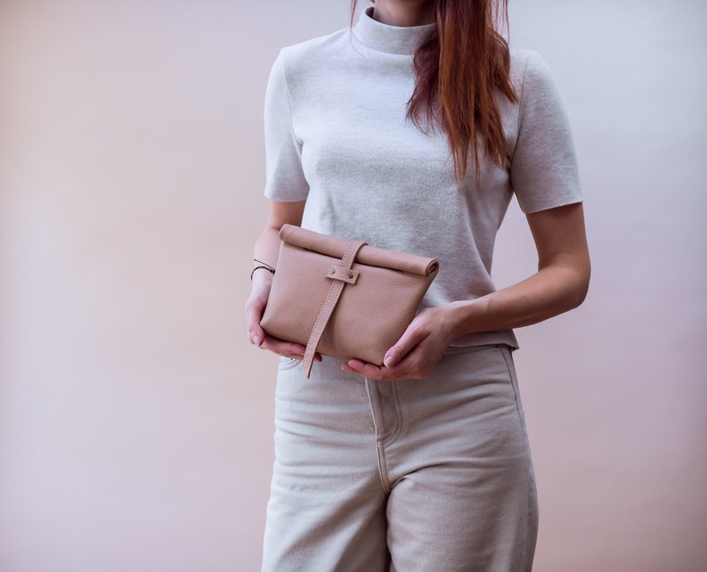 Light Beige Leather Belt Bag, Fanny Pack for Women, Fold over Bag, Leather roll on bag, Convertible Belt Bag, Minimalist Belt Bag image 3