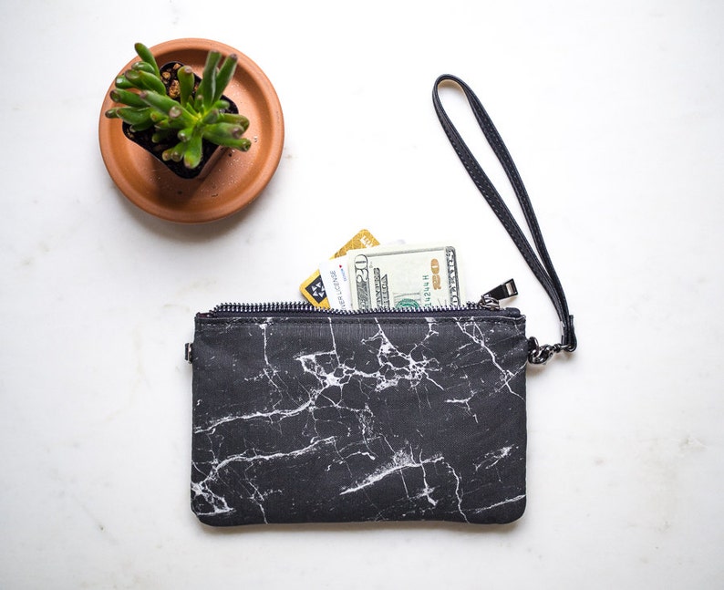 Womens Wallet Purse, Minimalist Clutch Wristlet Wallet, Black Marble Purse, Zippered Credit Card Holder image 1