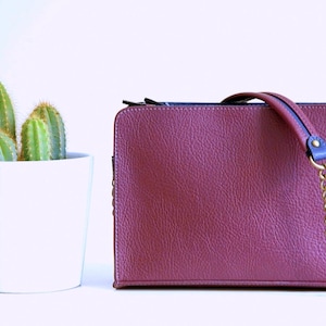 Leather Shoulder Bag in Burgundy, Vegan Leather Crossbody Bag, Womens Satchel Bag, Japanese Fabric Bag, Unique Gift for her image 5