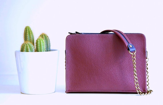Burgundy Vegan Leather Shoulder Bag: Japanese Seigaiha Fabric