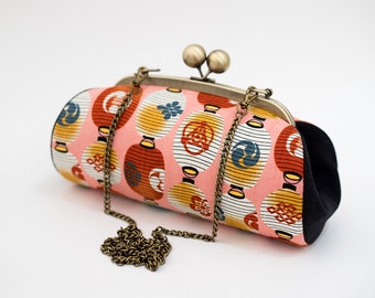 Colorful Clutch Purse, Japanese Lantern Bag, Evening Bag, Kiss Lock Purse, Clutch with Strap, Japanese Fabric, Unique Gifts for her