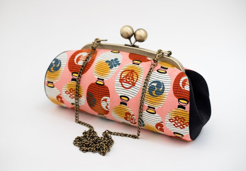 Colorful Clutch Purse, Japanese Lantern Bag, Evening Bag, Kiss Lock Purse, Clutch with Strap, Japanese Fabric, Unique Gifts for her image 1