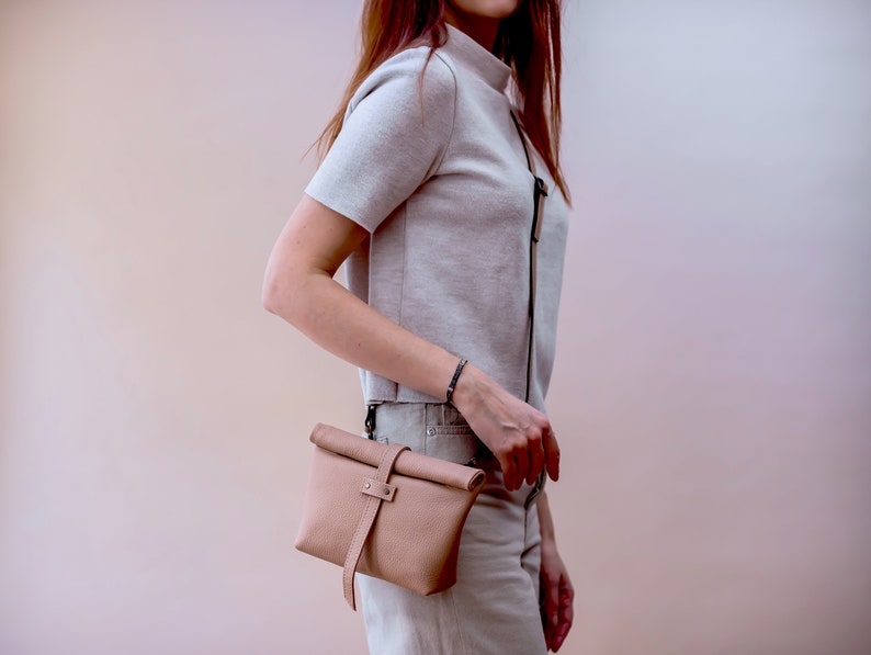Light Beige Leather Belt Bag, Fanny Pack for Women, Fold over Bag, Leather roll on bag, Convertible Belt Bag, Minimalist Belt Bag image 2