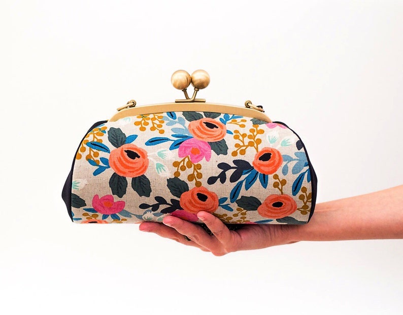 Colorful Floral Clutch Bag, Kiss lock Clasp Clutch with strap, Riffle Paper Co Le Fleurs, Bridesmaid Gift, Christmas Gifts for her image 2