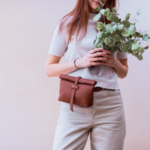 Light Beige Leather Belt Bag, Fanny Pack for Women, Fold over Bag, Leather roll on bag, Convertible Belt Bag, Minimalist Belt Bag Brown