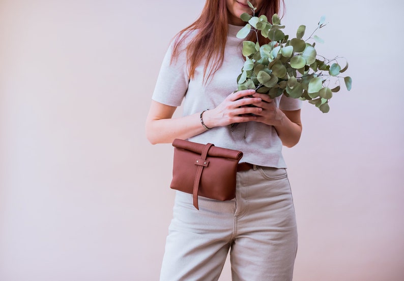 Light Beige Leather Belt Bag, Fanny Pack for Women, Fold over Bag, Leather roll on bag, Convertible Belt Bag, Minimalist Belt Bag Brown